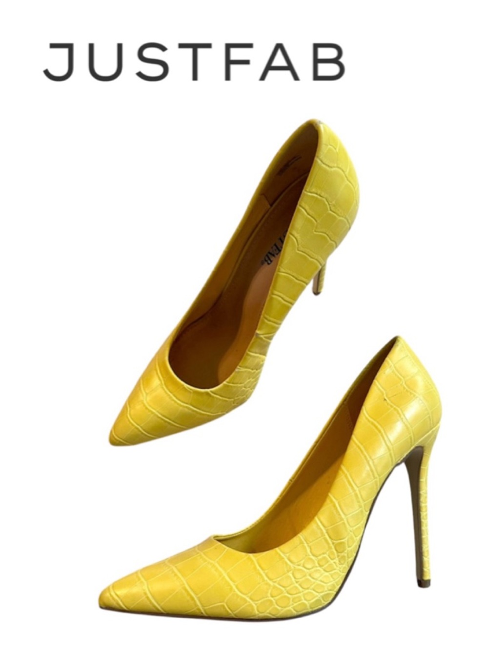 JUSTFAB Avalyn Yellow Crocodile Pumps Heels Chic Sleek Statement Piece Women 10